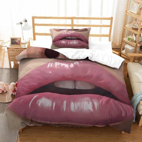 EKIDAZ Sexy Lippen Bettwäsche-Set Mit 3D Drucken,AI Design Reißverschluss Und Kissenbezüge-Weiches Mikrofaser Material-3-teiliges Set Für Kinder,Jungen Und JugendlicheSingle（135x200cm） von EKIDAZ