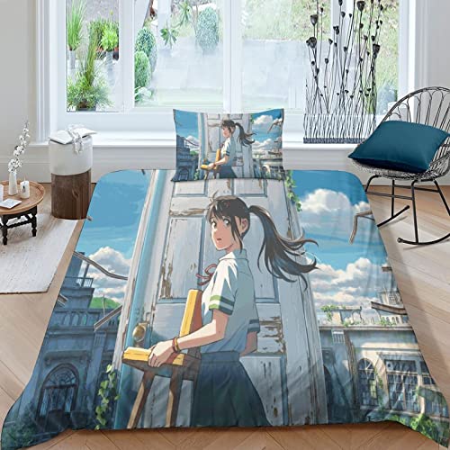 EKIDAZ Suzume Bettbezug-Set Bedrucktes Weiches Film Mikrofaser-Bettwäsche-Set Für Erwachsene Teenager Kinder 3 Stück Mit Reißverschluss Für Heimtextilien Single（135x200cm） von EKIDAZ