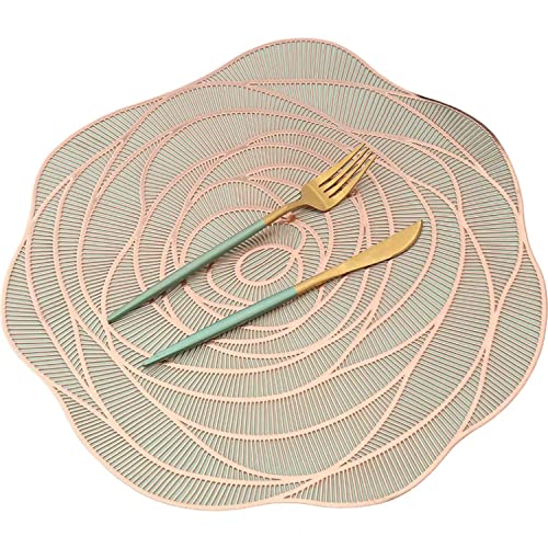 EKKJNQ Tischsets,Set mit 6 rutschfesten, waschbaren PVC-Tischsets und Untersetzern, 38,1 cm große runde Tischsets aus gepresstem Vinyl für Hochzeiten und Feiertage (Roségold) von EKKJNQ