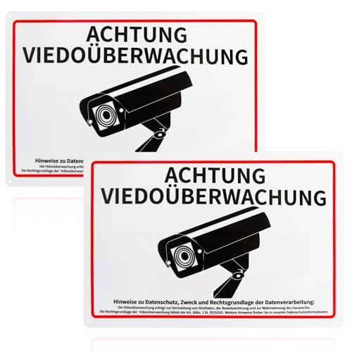 2 Stück Achtung Videoüberwachung Schild, Kamera Überwachung Schild, Hinweisschild Videoüberwachung, 30 * 20cm Aluminium Schilder, mit Selbstklebend und 4 Bohrlöcher (Achtung Videoüberwachung Schild) von EKKONG
