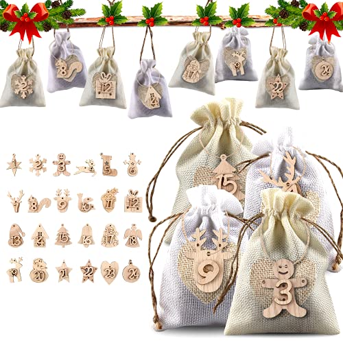 24 Adventskalender zum Befüllen, Adventskalender Zum Befüllen Stoffbeutel,Adventskalender Säckchen, Weihnachten Geschenksäckchen, Jutebeutel Weihnachten Stoffbeutel + 10m Jute Hanfseile von EKKONG