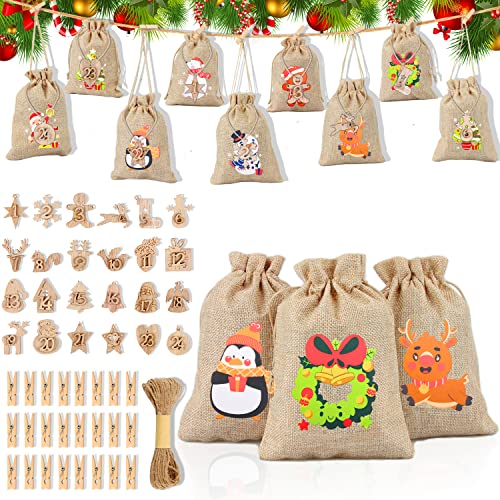 24 Adventskalender zum Befüllen-Stoffbeutel, DIY Adventskalender Säckchen, Jutesäckchen Weihnachten Geschenksäckchen mit Zahlen Aufkleber + Mini-Holzklammern und 10m Jute Hanfseile (8color) von EKKONG