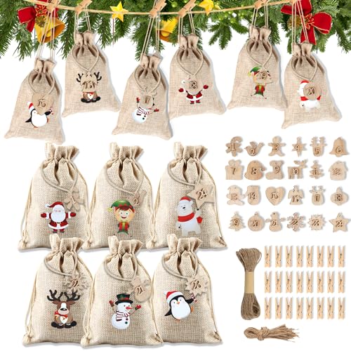 Adventskalender zum Befüllen, 24 Stk Adventskalender Selber Befüllen Kinder, Jutesäckchen Stoffsäckchen Selbst Befüllen, 2023 Weihnachtskalender Jute Beutel Aufhängen für Männer, Frauen (3-C) von EKKONG