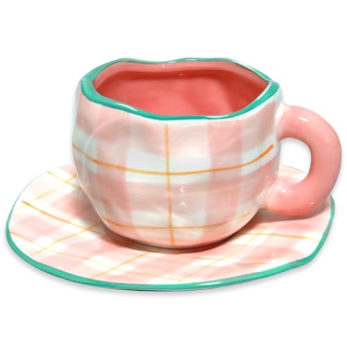 Cappuccino Tassen mit Unterteller, 200 ml Kaffee-Tassen, Kaffeetassen Set mit Untertasse, Espressotassen aus Porzellan für Tee Kaffee Cappuccino, Geschenke für Frauen Mama (Rosa) von EKKONG