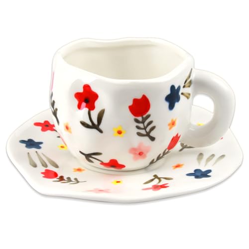 Cappuccino Tassen mit Unterteller, 200 ml Kaffee-Tassen, Kaffeetassen Set mit Untertasse, Espressotassen aus Porzellan für Tee Kaffee Cappuccino, Geschenke für Frauen Mama (Rote Blume) von EKKONG