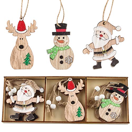 Christbaumschmuck aus Holz, 9 Stück Christbaum-Schmuck, Behang Set aus Holz, Verschiedene Muster zum Aufhängen, Christbaumschmuck in Holzkisten Verpackt und Holzanhänger mit Anhängern Verziert (MZ363) von EKKONG
