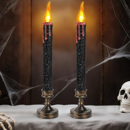 EKKONG 2 Stück Halloween LED Kerzen 24.5cm Blutkerzen LED Kerze Halloween Candle Schwarz Stabkerzen Halloweendeko Kerzen Beleuchtung für Tischdeko, Kamin, Fensterbank, Partys, Geschenk von EKKONG