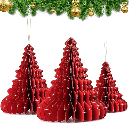 EKKONG Papier Weihnachtsbaum Deko 3er Set Deko Tannenbaum Wiederverwendbare Weihnachtsbäume Wabenbälle aus Pappe Deko Weihnachten Weihnachtsbaum grün zum Hängen oder Stellen 15-24-32cm (Rot) von EKKONG