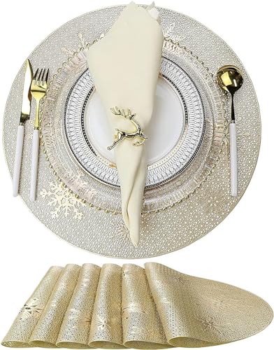 EKKONG Platzset Weihnachten, Weihnachtliche Tischsets 6 Stück Platzsets Weihnachten Rund Platzdeckchen Abwaschbar Weihnachten PVC rutschfest Hitzebeständig Tischset Rund für Tischdekoration (Gold) von EKKONG