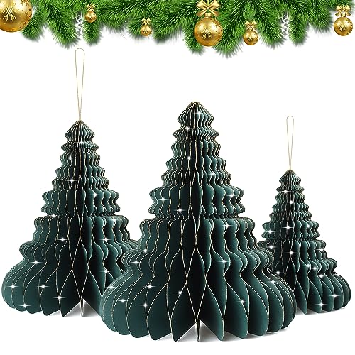 EKKONG Papier Weihnachtsbaum Deko 3er Set Deko Tannenbaum Wiederverwendbare Weihnachtsbäume Wabenbälle aus Pappe Deko Weihnachten Weihnachtsbaum grün zum Hängen oder Stellen 15-24-32cm (Grün) von EKKONG