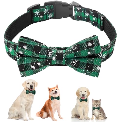 Weihnachtshalsband, Katzen Hunde HundeHalsbänder mit Abnehmbarer Schleife, Halsband einstellbar, Weihnachten Schneeflocken Tartan Halsband für Katzen, kleine, mittlere und große Hunde (Grün-L) von EKKONG