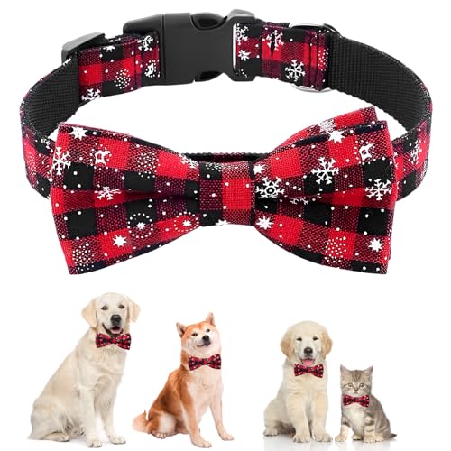 Weihnachtshalsband, Katzen Hunde HundeHalsbänder mit Abnehmbarer Schleife, Halsband einstellbar, Weihnachten Schneeflocken Tartan Halsband für Katzen, kleine Hunde, mittlere Hunde, große Hunde (Rot-M) von EKKONG