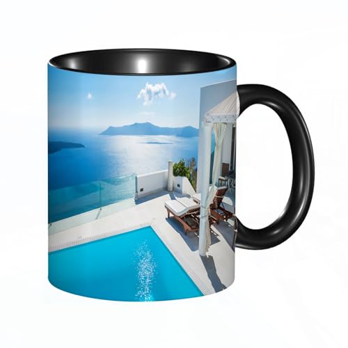 EKLMPS Becher aus Keramik, Ideal als Geschenk, Hochwertiger Aufdruck, Tasse mit Motiv, Tee Becher, Coffee Cup, 330ml,Architektur auf der Insel Santorini in Griechenland Blue White Hot Pool von EKLMPS