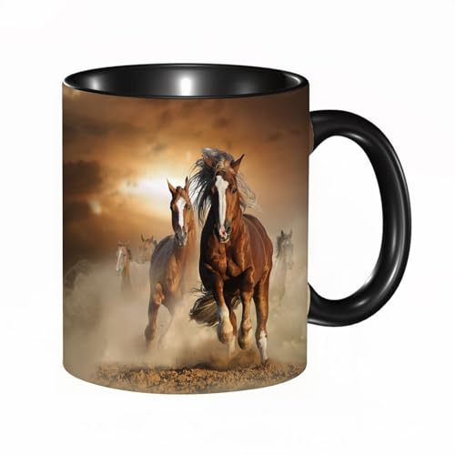 EKLMPS Becher aus Keramik, Ideal als Geschenk, Hochwertiger Aufdruck, Tasse mit Motiv, Tee Becher, Coffee Cup, 330ml,Sonnenstrahl. Zwei Wildpferde. Rassepferde laufen zusammen in natürlichem Tempo von EKLMPS