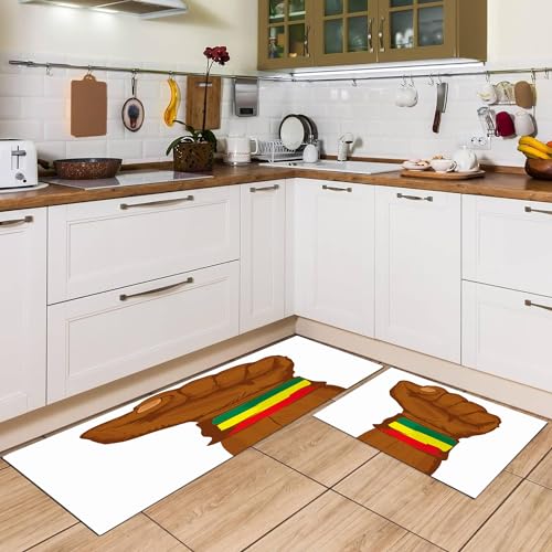 EKLMPS Küchenmatten 2 Stück,Grün-gelb-rot auf menschlicher Hand Reggae-Hintergrundkonzept,Waschbar Küchenmatten Komfort Pflegeleicht Für Küche Staubdicht Fußmatte,rutschfest,44x75+44x120cm von EKLMPS