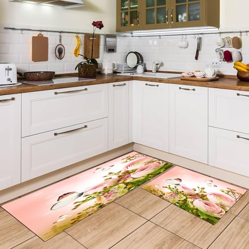 EKLMPS Küchenmatten 2 Stück,Sanfter Strauß aus rosa Rosen und Schmetterling,Waschbar Küchenmatten Komfort Pflegeleicht Für Küche Staubdicht Fußmatte,rutschfest,40x60+40x120cm von EKLMPS