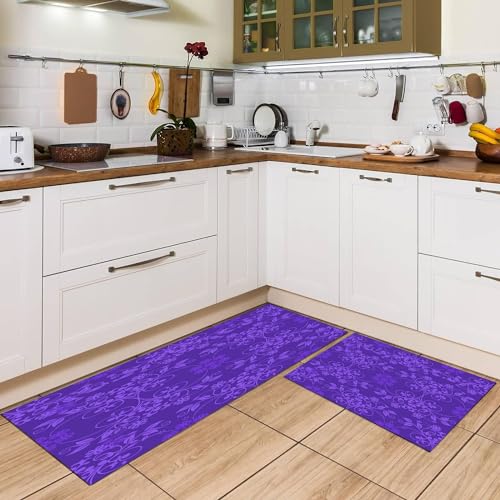 EKLMPS Küchenmatten 2 Stück,Wunderschöne, wohlgeformte Blumen auf violettem Hintergrund,Waschbar Küchenmatten Komfort Pflegeleicht Für Küche Staubdicht Fußmatte,rutschfest,44x75+44x120cm von EKLMPS