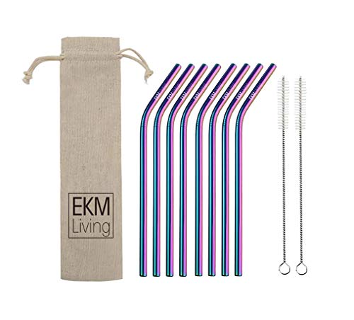 EKM Living Edelstahl Strohhalme 8er Set Rainbow gebogen GmbH, Trinkhalme, bruchfest, wiederverwendbar, spülmaschinengeeignet, plastikfrei (Rainbow gebogen, 8) von EKM Living