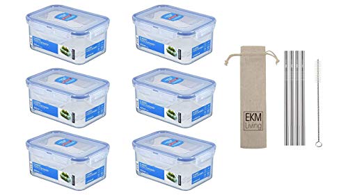 EKM Living Lock & Lock 6er Set HPL811 Multifunktionsbox 600ml, Frischhaltebox, Vorratsdose + Gratis 4er Set Edelstahl Trinkhalme - Vorteilsset von EKM Living