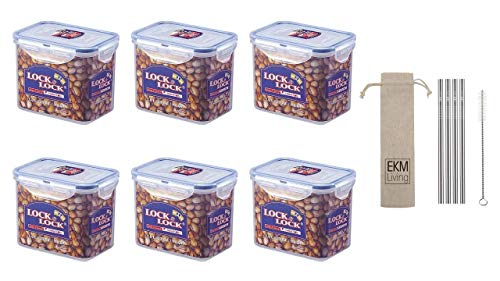 EKM Living Lock & Lock 6er Set HPL812 Multifunktionsbox 1000ml, Frischhaltebox, Vorratsdose + Gratis 4er Set Edelstahl Trinkhalme - Vorteilsset von EKM Living