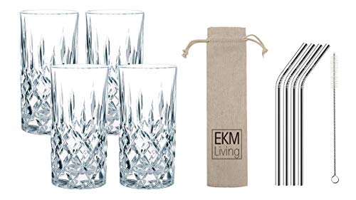 EKM Living Spiegelau & Nachtmann, 4-teiliges Longdrink-Set, Kristallglas, 375 ml, Noblesse, 0089208-0 + 4er Set Edelstahl Strohhalme (Silber gerade) von EKM Living