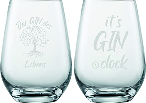 EKM Living Schott Zwiesel 2er Set Ginglas 548ml mit Gravur Gin des Lebens & Gin o' Clock – lustige Geschenkidee für Ginliebhaber, Frauen, Männer, Freunde im Geschenkkarton (ohne Stiel, Set 2) von EKM Living