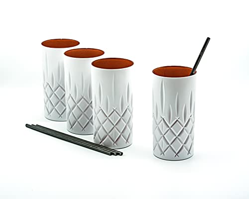 EKM Living Nachtmann Noblesse 4er-Set White Edition Londrink Gläser 375 ml I spülmaschinenfest I Wasserglas coloured by EKM (weiß/kupfer) + 4er-Set Trinkhalme schwarz von EKM Living