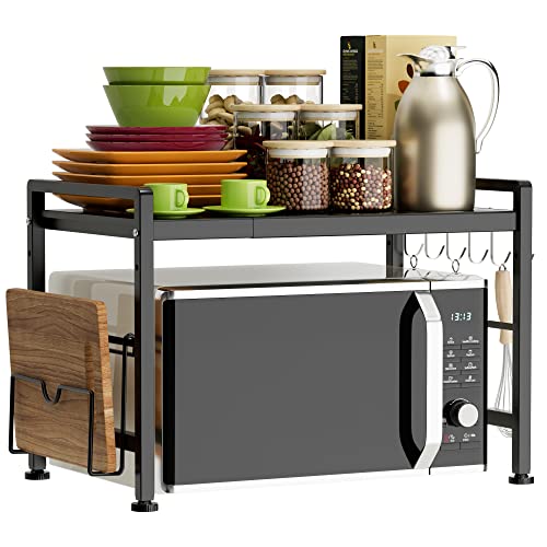 EKNITEY Ausziehbares Mikrowellen-Regal – über mikrowellenregal Regal, Arbeitsplatte, 2-stöckig, Küchen mikrowellen ständer, mit Gewürzregal und 6 Haken (Black) von EKNITEY