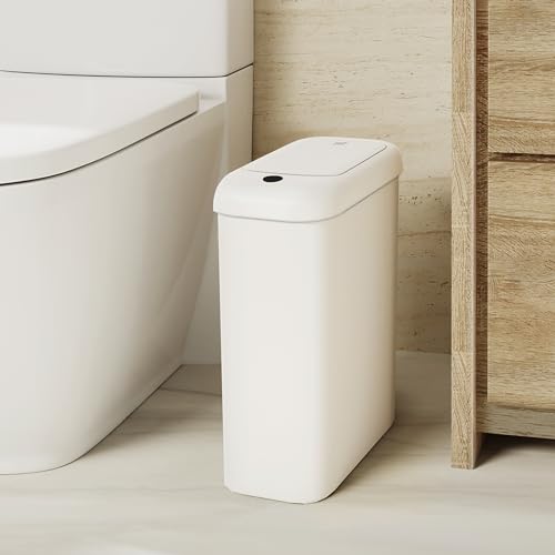 EKO Automatischer Badezimmer-Mülleimer mit Deckel, 10 L Schlanker Sensor Abfalleimer, Wasserdichter Bewegungssensor-Kosmetikeimer für Bad, Büro und Küche, Soft Close, Weiß, Hochwertiger Kunststoff von EKO