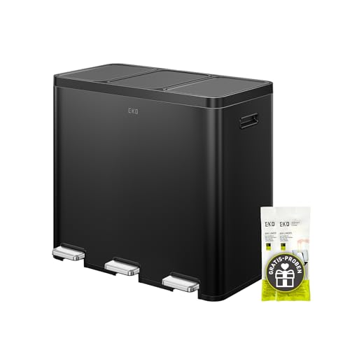 EKO Essential Mülleimer 3 Fächer, 3 x 20 Liter, Mülltrennsystem Küchentretmülleimer, inklusive 20 Müllsäcke, Großraum Abfalleimer mit Deckel, sanftem Schließen und luftdicht, Mattschwarz Edelstahl von EKO
