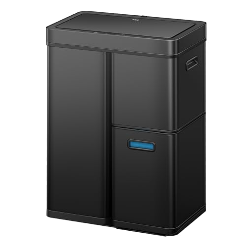 EKO Mirage Plus Mülleimer mit 3 Fächer, 2 x 15 L und 30 L, Recycler Mülleimer mit Sensor, 3 Kunststoff Inneneimer, Automatischer Abfalleimer mit Deckel, großer Mülleimer Küche 60l, Mattschwarz von EKO