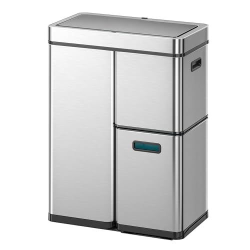 EKO Mirage Plus Mülltrennsystem mit 3 Fächer, 2 x 15 L und 30 L, Recycler Mülleimer mit Sensor, 3 Kunststoff Inneneimer, Automatischer Abfalleimer mit Deckel, großer Mülleimer Küche 60l, Edelstahl von EKO
