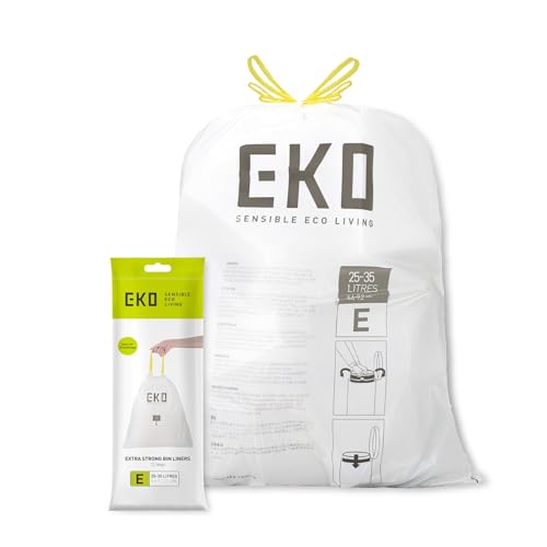 EKO Müllbeutel 25–35L, Reißfeste Müllsäcke mit praktischem Zugband, Größe E, Extra starke & dichte Mülltüten für Küchenmülleimer, 12 Stück, Weiß von EKO