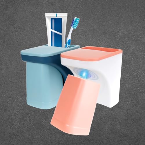 Zahnbecherhalter ohne Bohren 2 Stück Zahnbürstenhalter Mit Magnetischem Becher, Blau und Rosa Zahnputzbecher Kunststoff Zahnputzhalter für Badezimmer und Familie von EKOCEV