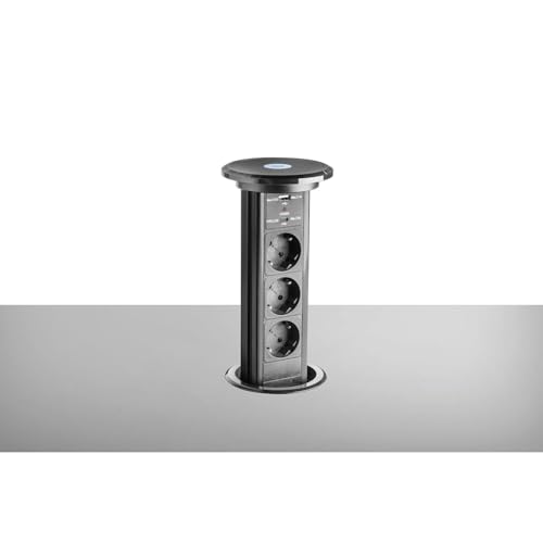 Ekotech Steckdose versenkbar ET111 - Steckdosentower mit QI Ladefunktion USB-C & A sowie 3 Schukosteckdosen 230V, Alu schwarz von EKOTECH