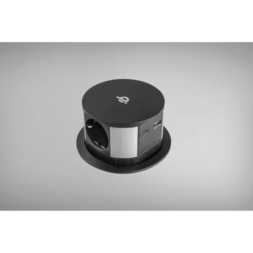 Ekotech Steckdose versenkbar ET115 - Steckdosentower mit QI Ladefunktion USB-C & A sowie 3 Schukosteckdosen 230V, Alu schwarz von EKOTECH