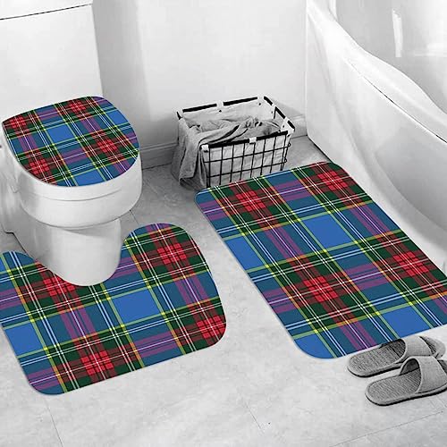 Badteppich 3 Stück Weiche saugfähige Badematten,Blauer Tartan-Kilt-abstraktes Textilkleidungs-Muster-Schönheits-Mode-rotes tradi,Rutschfeste Badematte Teppiche & Toilettendeckelabdeckung Set Waschbar von EKSED