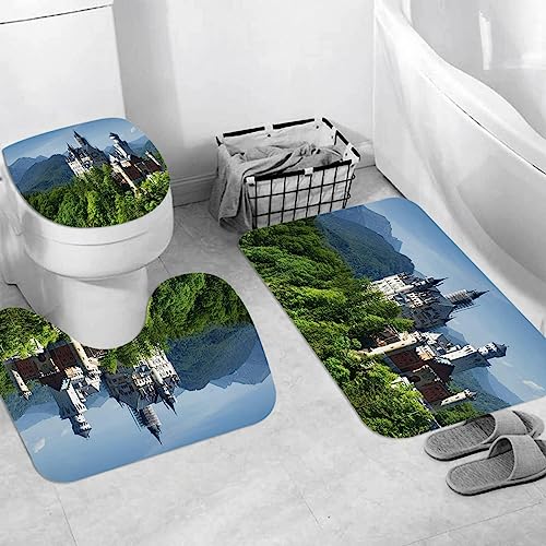 Badteppich 3 Stück Weiche saugfähige Badematten,Deutschland Schloss Neuschwanstein angenehme Natur Landschaft grün Wald blauer H,Rutschfeste Badematte Teppiche & Toilettendeckelabdeckung Set Waschbar von EKSED