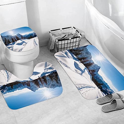 Badteppich 3 Stück Weiche saugfähige Badematten,Panoramische Winterlandschaft auf schneebedecktem Berg mit sonnigem Wetter und B,Rutschfeste Badematte Teppiche & Toilettendeckelabdeckung Set Waschbar von EKSED