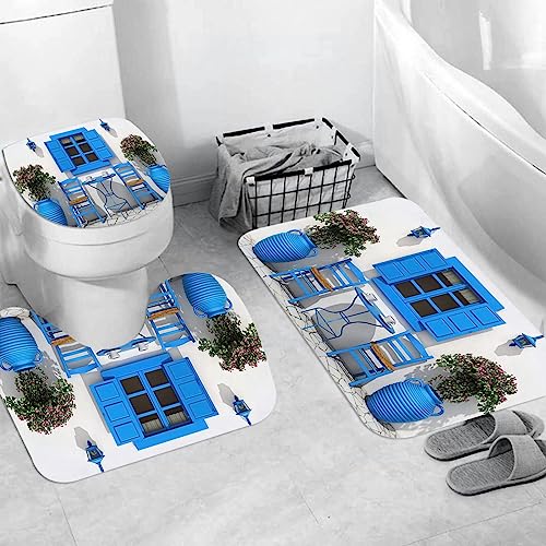 Badteppich 3 Stück Weiche saugfähige Badematten,Reisen Sie traditionelles griechisches Design Urlaub Sommerhaus Blumen Fensterbi,Rutschfeste Badematte Teppiche & Toilettendeckelabdeckung Set Waschbar von EKSED