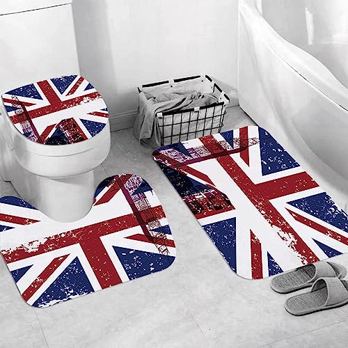 Badteppich 3 Stück Weiche saugfähige Badematten,Symbole von London England The UK Red Telephone Booth Big Ben und The National F,Rutschfeste Badematte Teppiche & Toilettendeckelabdeckung Set Waschbar von EKSED