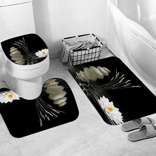Badteppich 3 Stück Weiche saugfähige Badematten,Zen-Zusammenfassung des grauen Badekurortes entsteint eine weiße Lotus-Lilie und,Rutschfeste Badematte Teppiche & Toilettendeckelabdeckung Set Waschbar von EKSED
