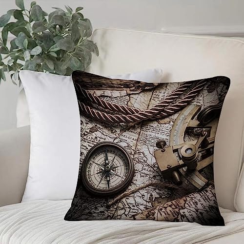 Dekorativ Kissenbezüge 50x50 cm,Vintage Stillleben mit Kompass Sextant und alter Karte,Kissenbezug Weicher Polyester Kissenhülle Set Kissen Fall für Sofa Auto Schlafzimmer Zuhause Zierkissenbezüge von EKSED