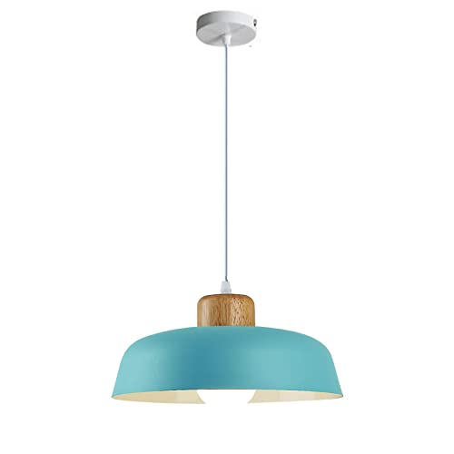EKSED 300 mm runde Pendelleuchte mit Metallschirm in Macaron-Farbe, moderne, schlichte Holzoptik, E27-Loft-Bar-Decken-Hängelampe, Kücheninsel-Esszimmer-Kronleuchter (Blau) von EKSED