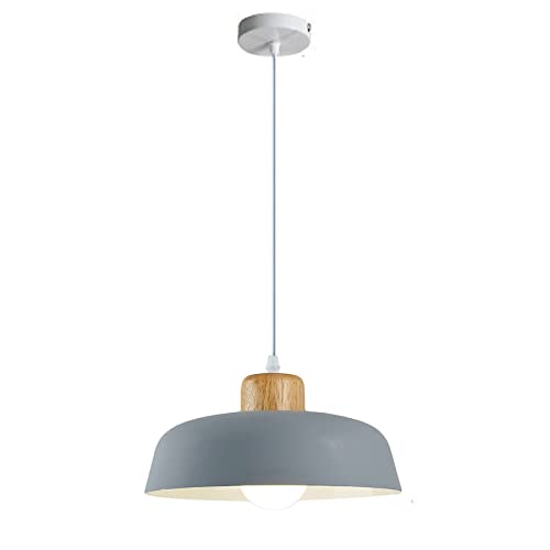 EKSED 300 mm runde Pendelleuchte mit Metallschirm in Macaron-Farbe, moderne, schlichte Holzoptik, E27-Loft-Bar-Decken-Hängelampe, Kücheninsel-Esszimmer-Kronleuchter (Grau) von EKSED