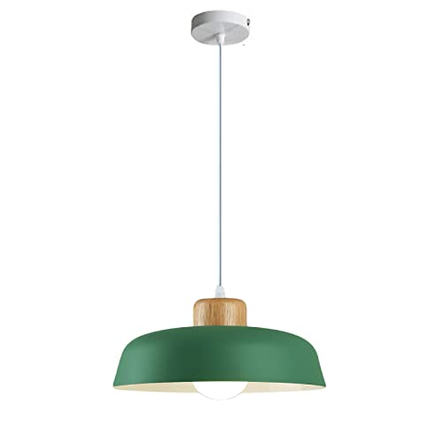 EKSED 300 mm runde Pendelleuchte mit Metallschirm in Macaron-Farbe, moderne, schlichte Holzoptik, E27-Loft-Bar-Decken-Hängelampe, Kücheninsel-Esszimmer-Kronleuchter (Grün) von EKSED
