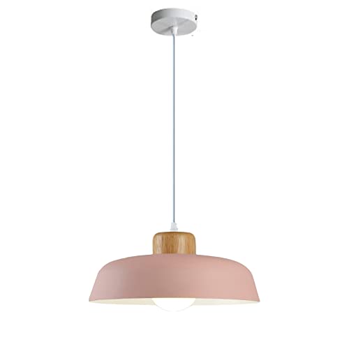 EKSED 300 mm runde Pendelleuchte mit Metallschirm in Macaron-Farbe, moderne, schlichte Holzoptik, E27-Loft-Bar-Decken-Hängelampe, Kücheninsel-Esszimmer-Kronleuchter (Rosa) von EKSED