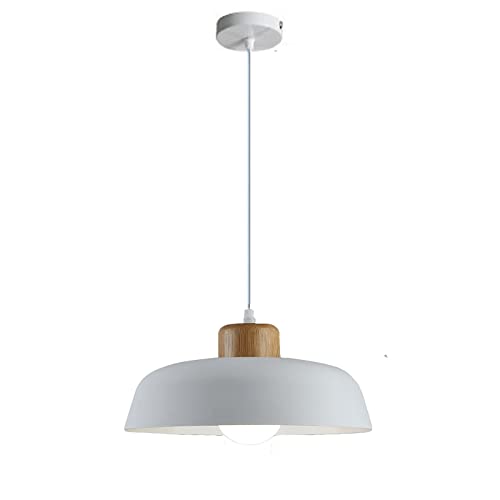 EKSED 300 mm runde Pendelleuchte mit Metallschirm in Macaron-Farbe, moderne, schlichte Holzoptik, E27-Loft-Bar-Decken-Hängelampe, Kücheninsel-Esszimmer-Kronleuchter (Weiß) von EKSED