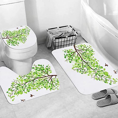 EKSED Badteppich 3 Stück Weiche saugfähige Badematten,Frühlingszweig mit grünem Blatt-Hintergrund,rutschfeste Badematte Teppiche & Toilettendeckelabdeckung Set Waschbar von EKSED