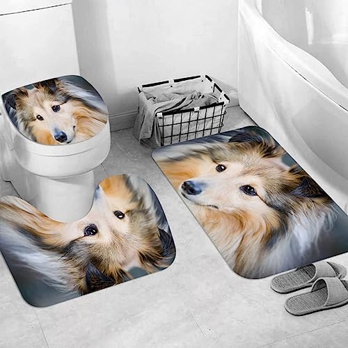 EKSED Badteppich 3 Stück Weiche saugfähige Badematten,Nahaufnahme des süßen kleinen Sheltie-Hundes,rutschfeste Badematte Teppiche & Toilettendeckelabdeckung Set Waschbar von EKSED